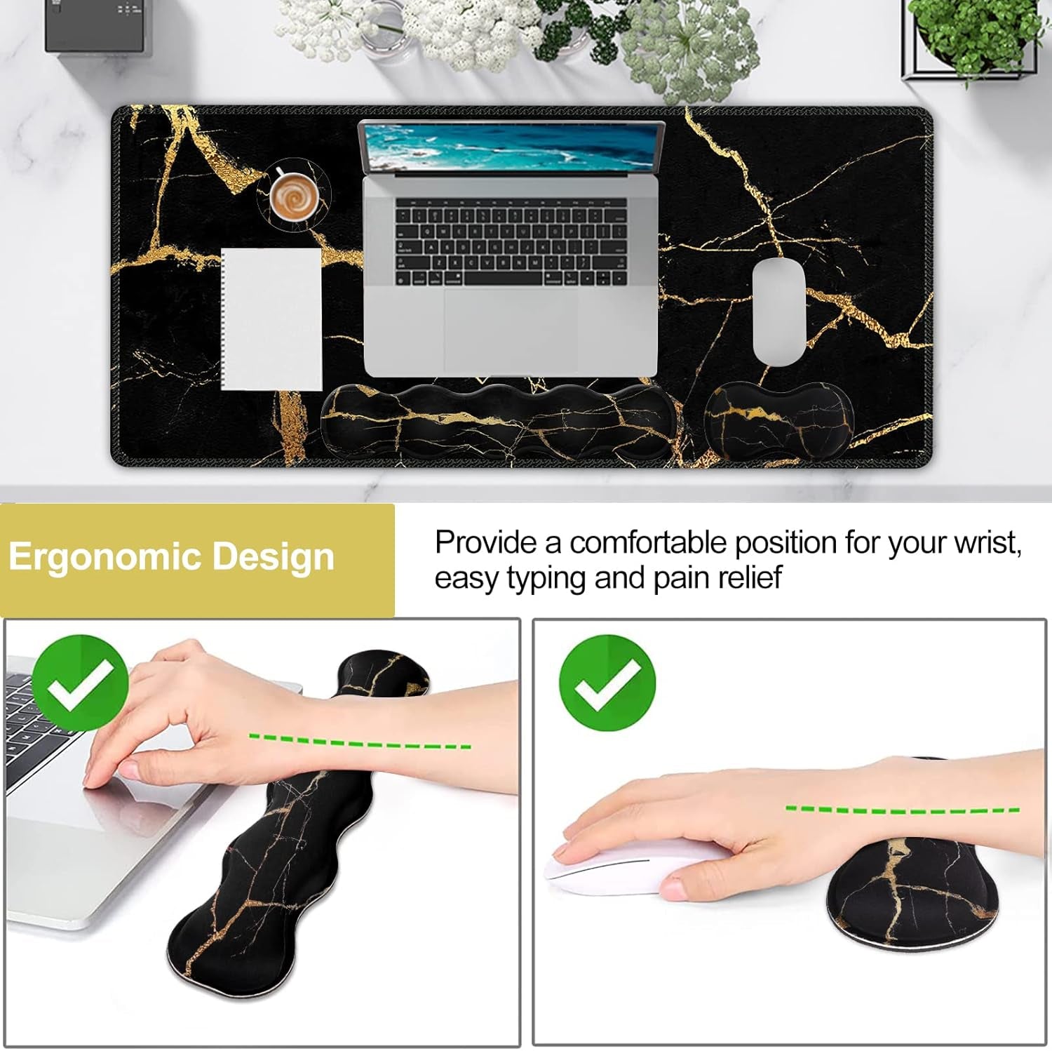 Large Gaming Mouse Pad Set with Wrist Support & Coaster - Stylish Black Gold Marble Desk Mat for Pain Relief & Comfort in Home Office - 35.4x15.7 inches