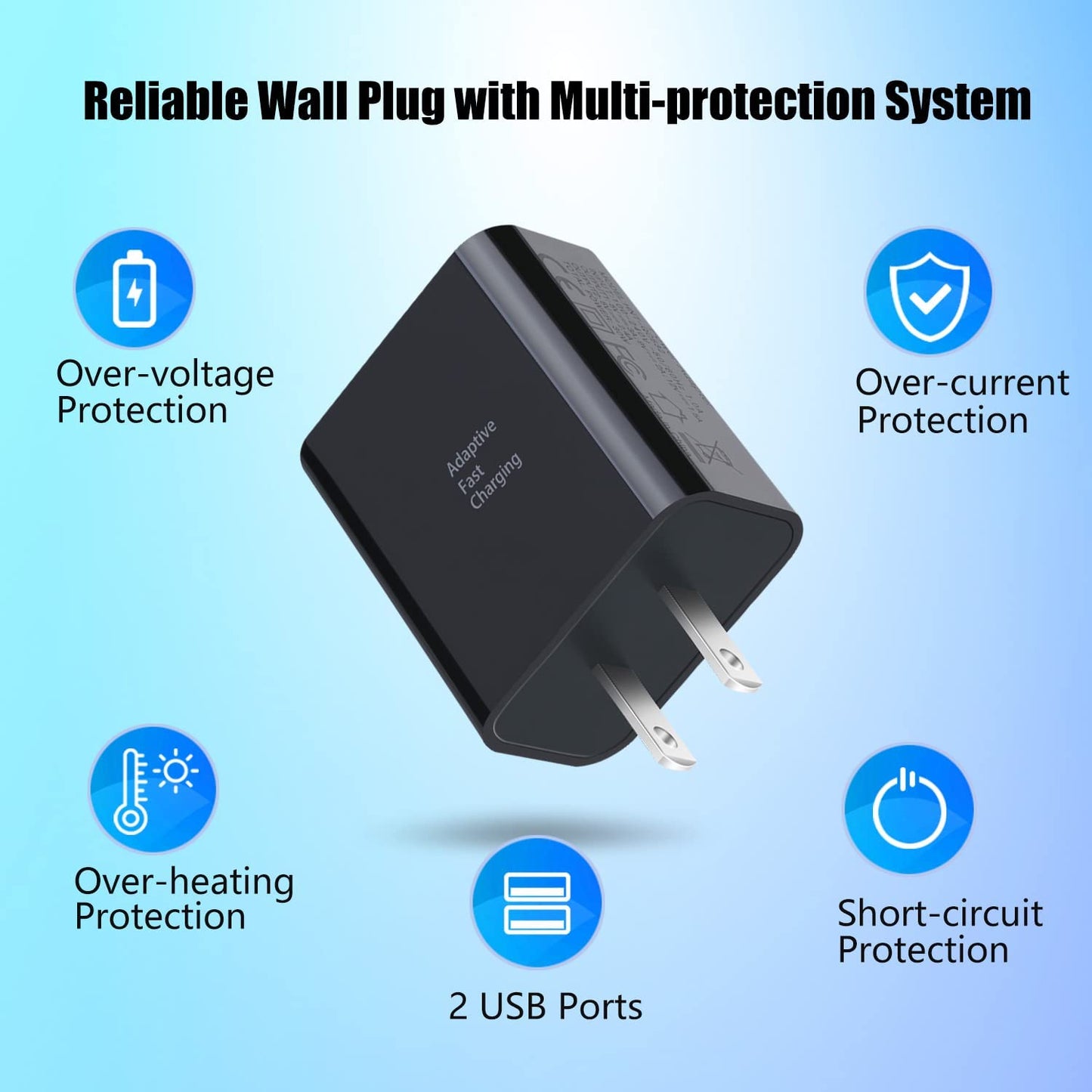 3-Pack Dual USB Wall Charger - 30W Adaptive Fast Charging Block for iPhone 13/12/11, Galaxy S10/S9/Note 9/10, Pixel - Quick Charge 3.0 & 5V 2.4A (Black)