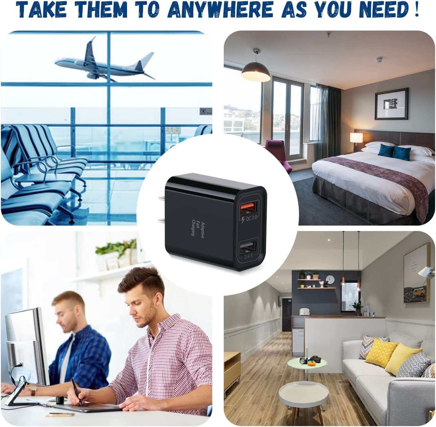 3-Pack Dual USB Wall Charger - 30W Adaptive Fast Charging Block for iPhone 13/12/11, Galaxy S10/S9/Note 9/10, Pixel - Quick Charge 3.0 & 5V 2.4A (Black)