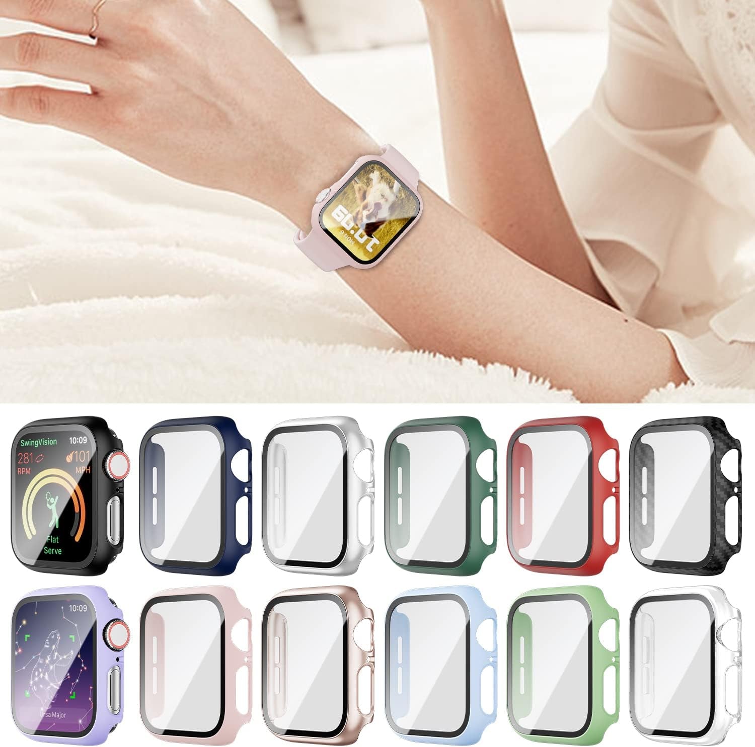 12 Pack Case with Tempered Glass Screen Protector Compatible for Apple Watch 44Mm SE 3 (2025)/SE 2/Se/Series 6/5/4, Hard PC Scratch Resistant Bumper Protective Cover for Iwatch Accessories