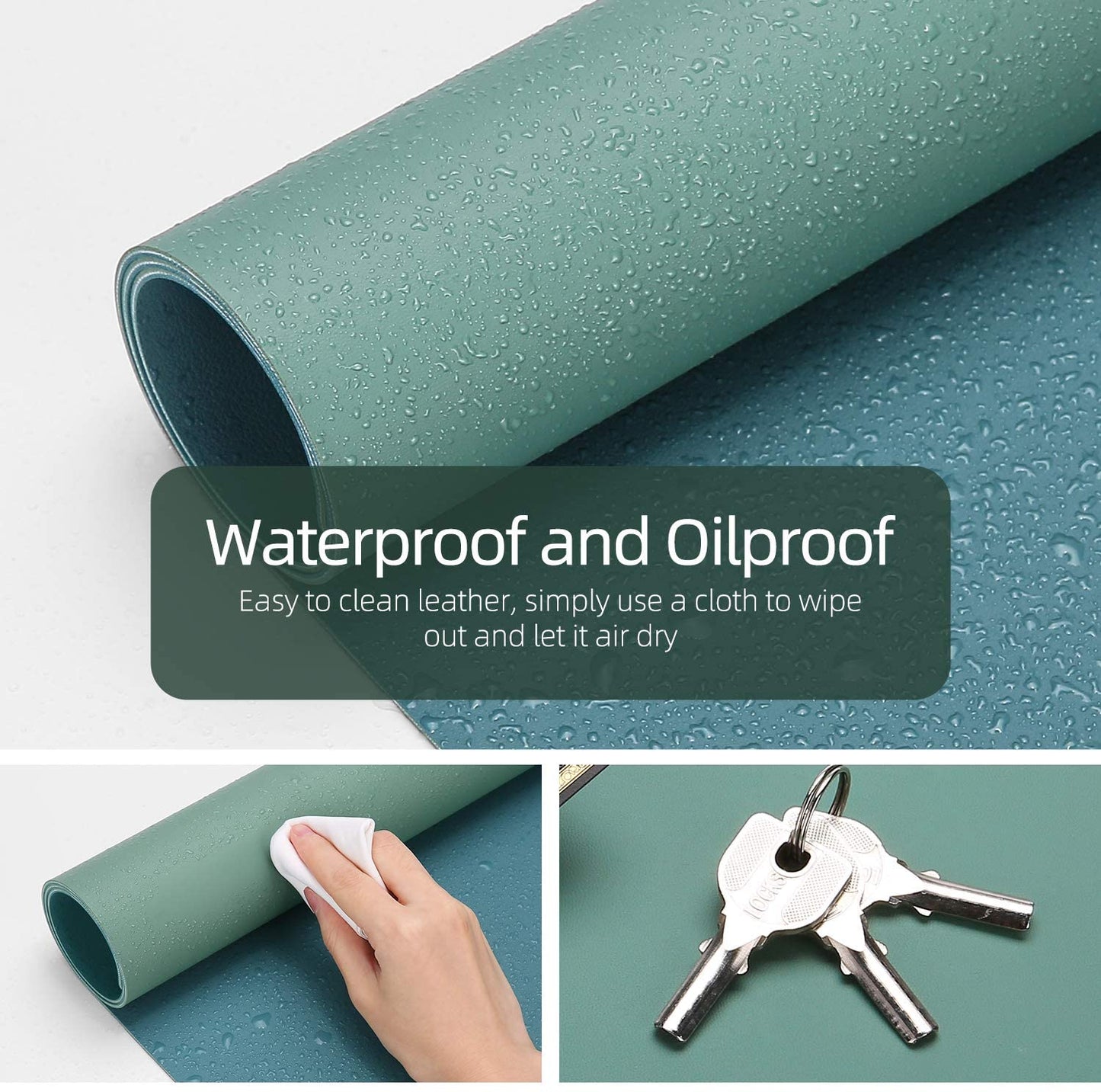 Dual-Sided Leather Desk Pad - 31.5" x 15.7" Waterproof Blotter in Pistachio Green & Green Blue for Office or Home