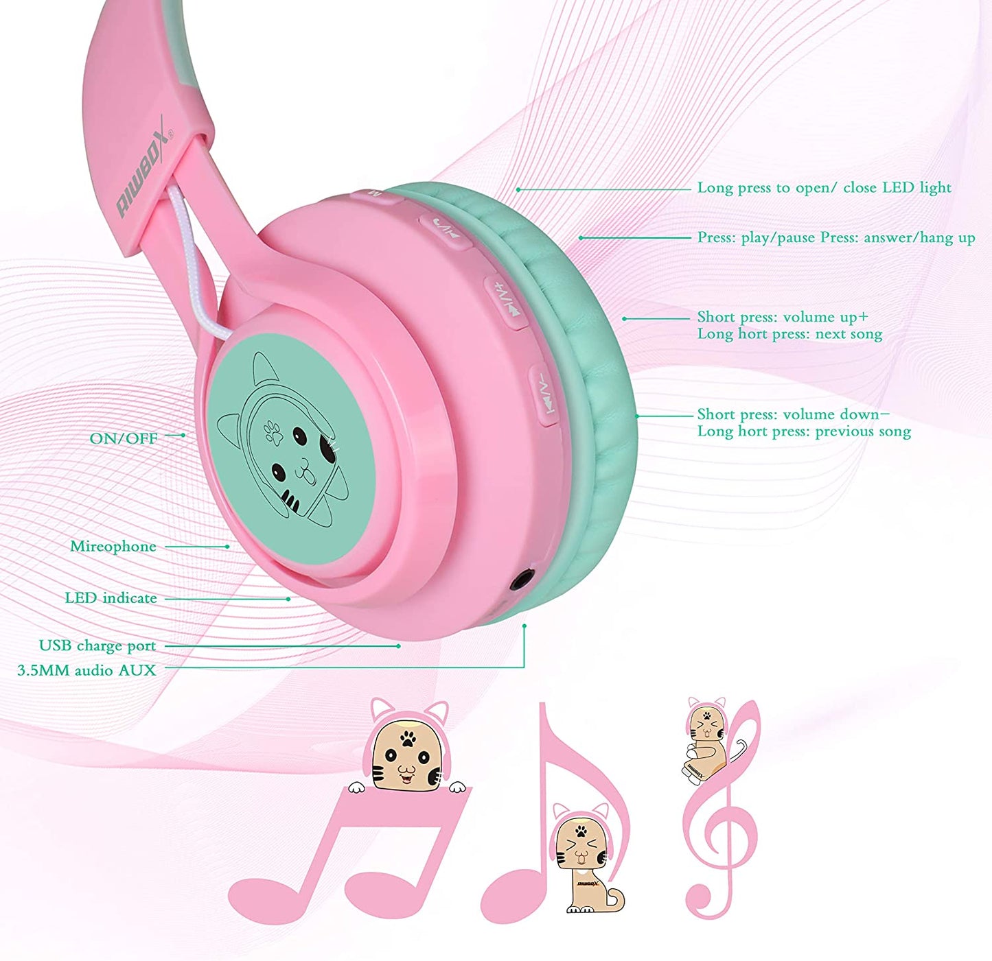 CT-7 Cat Ear Bluetooth Headphones for Kids - LED Light Up, Wireless Over Ear with Microphone & Volume Control - Perfect for Travel, School & Devices (Pink & Green)