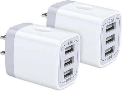 2-Pack 3-Port USB Wall Charger - Fast 3.1A Power Adapter for iPhone, iPad & Samsung Galaxy