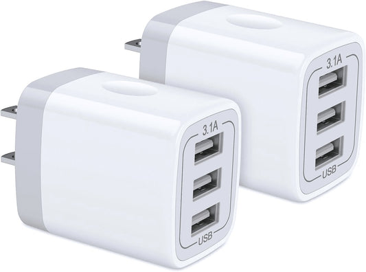 2-Pack 3-Port USB Wall Charger - Fast 3.1A Power Adapter for iPhone, iPad & Samsung Galaxy