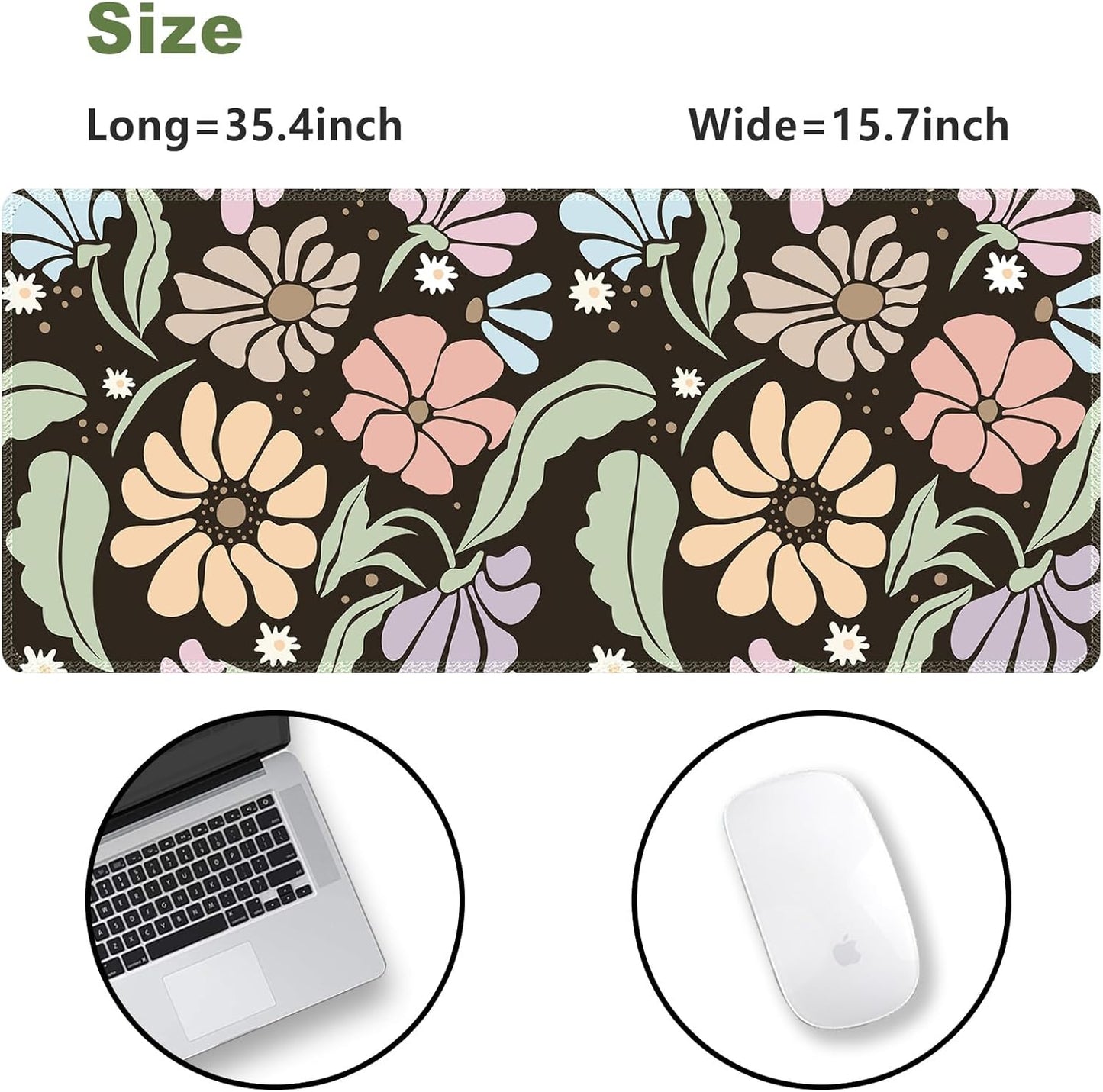 XXL Floral Gaming Mouse Pad - Non-Slip Black Desk Mat with Stitched Edges for Office, Home & School