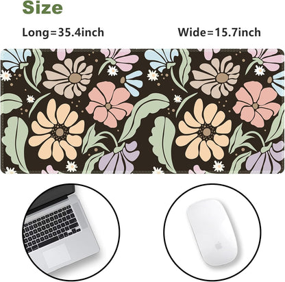XXL Floral Gaming Mouse Pad - Non-Slip Black Desk Mat with Stitched Edges for Office, Home & School