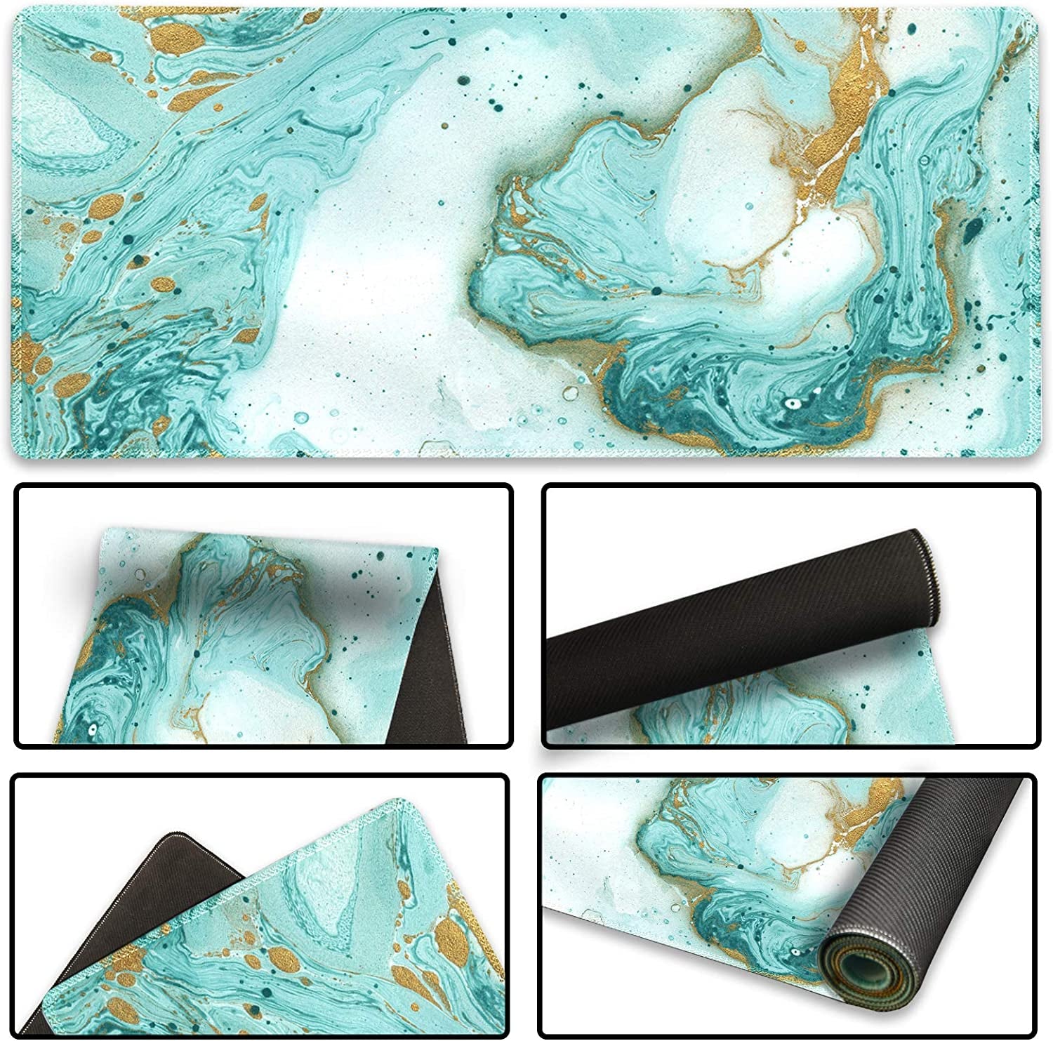XXL Extended Gaming Mouse Pad - Non-Slip Rubber Base, Stitched Edges, Teal Turquoise Marble Design - Perfect for Work, Gaming, and Home Office - 35.1 x 15.7 Inches