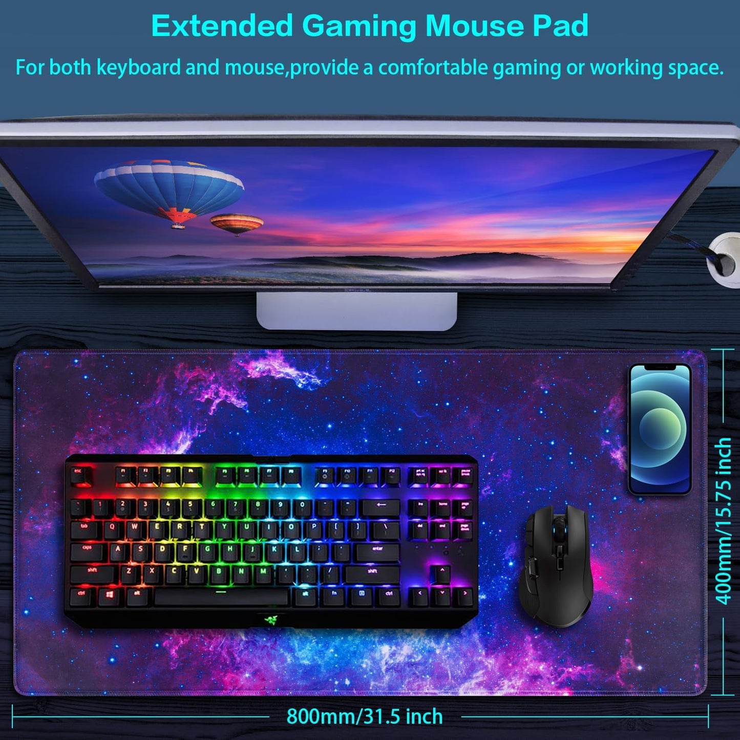 Large Extended Gaming Mouse Pad - 31.5x15.7 Inch Non-Slip Rubber Base Desk Mat for Keyboard and Mouse