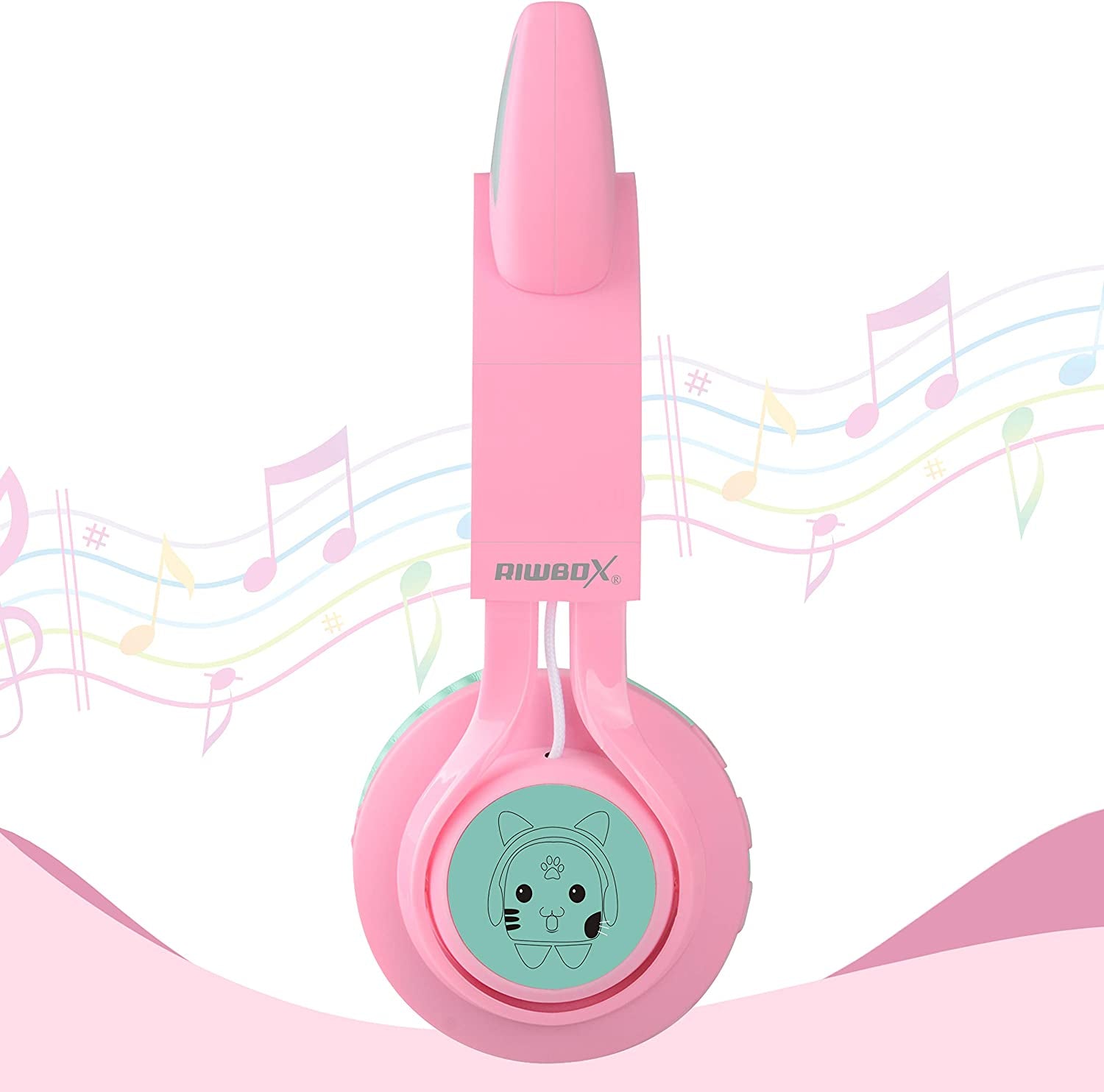 CT-7 Cat Ear Bluetooth Headphones for Kids - LED Light Up, Wireless Over Ear with Microphone & Volume Control - Perfect for Travel, School & Devices (Pink & Green)