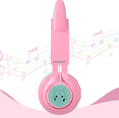 CT-7 Cat Ear Bluetooth Headphones for Kids - LED Light Up, Wireless Over Ear with Microphone & Volume Control - Perfect for Travel, School & Devices (Pink & Green)