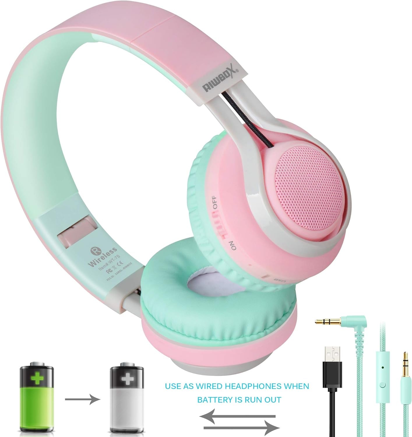 WT-7S Wireless Bluetooth Headphones with Microphone and Volume Control - Foldable Stereo Headset for PC, Tablet, TV, and Travel (Pink Green)