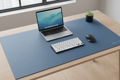 Large dual-sided lake blue PU leather desk mat on a modern office desk with keyboard and mouse